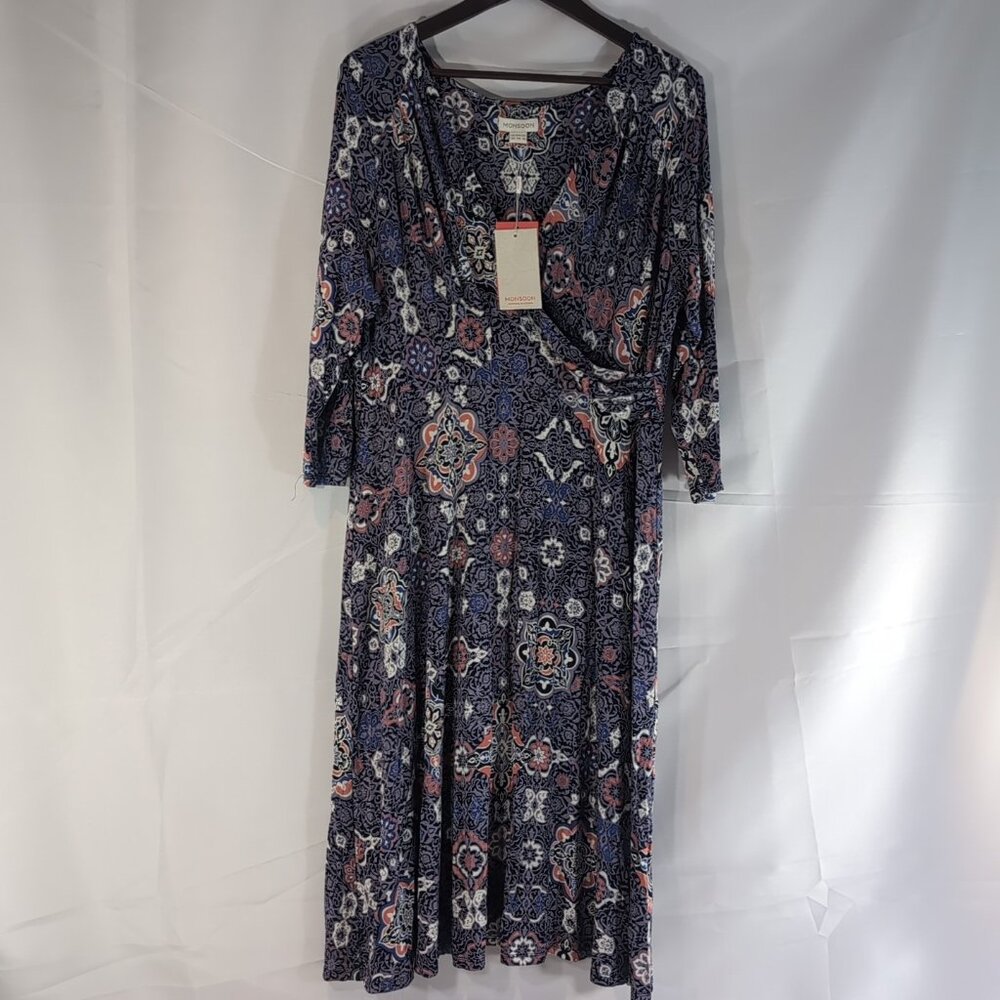 NEW Monsoon Jasmine Kasuri 16 V-Neck Wrap Dress 3/4 Sleeve Purple Pattern 553002